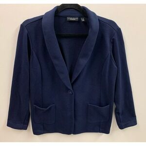Susan Graver Women's Top Petite Weekend Marina Knit Blazer Navy Blue Stretch